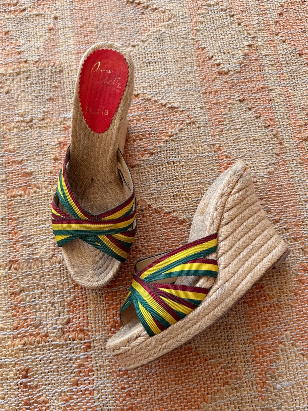 Y2K Vintage Christian Louboutin Rasta Jamaican Heel Sandal Espadrilles Size 38